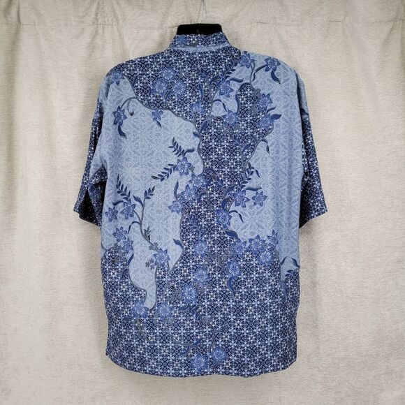 Harni Indonesian Batik Shirt Vintage Men's Blue Floral Button Down Shirt - Picture 5 of 8